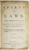 LAW MONTESQUIEU, CHARLES DE SECONDAT, Baron de. The Spirit of Laws. 2 vols. 1756